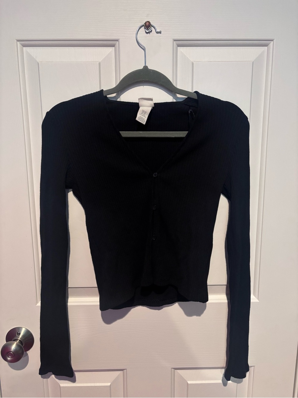 Black Ribbed V-Neck Button Front Women's Top